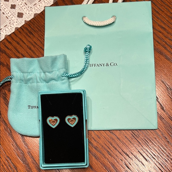 Tiffany & Co. Heart Stud Earrings in Robin's Egg Blue and Gold - Picture 3 of 3